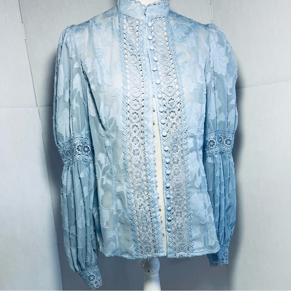 NWT Fashion Nova Light Blue Lace Blouse Size Medium With Long Sleeves